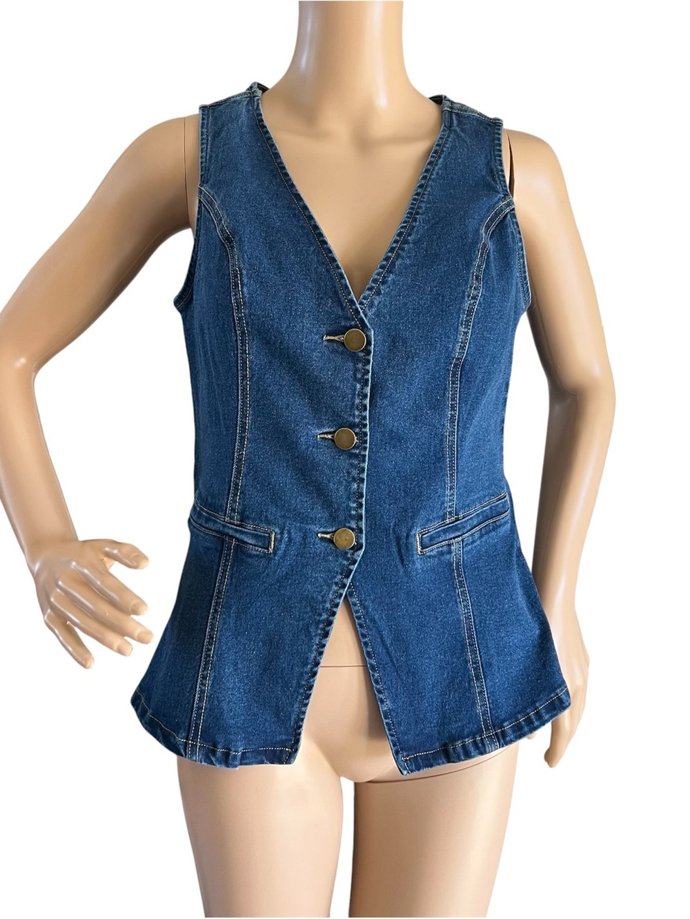 Emerson Lang Dark Denim Vest Stretch Western Boho Festival Fitted